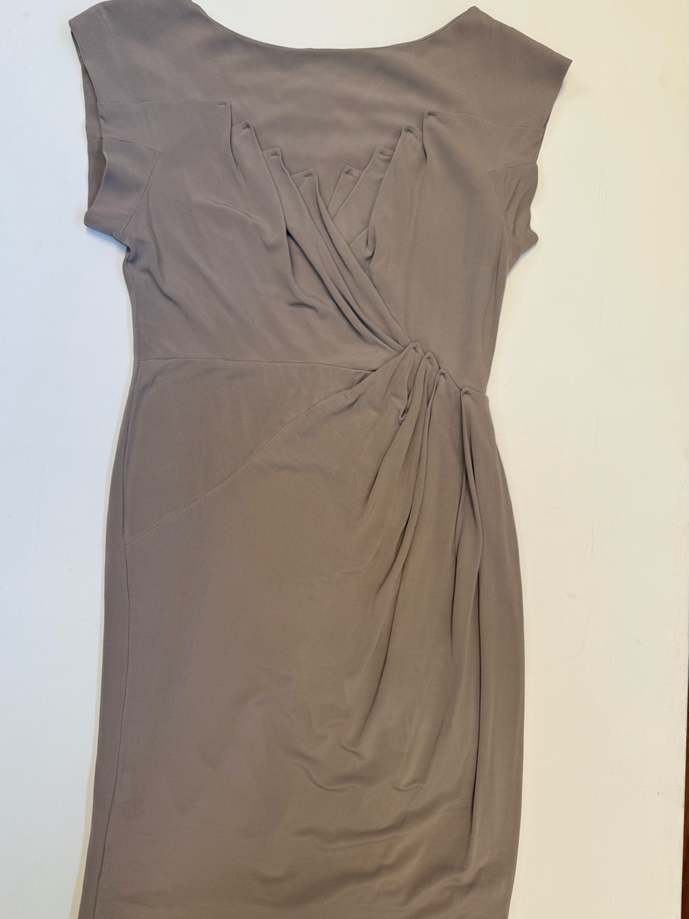 Karen Millen Elegant Taupe Ruched Sheath Dress | Cap Sleeve | US 8